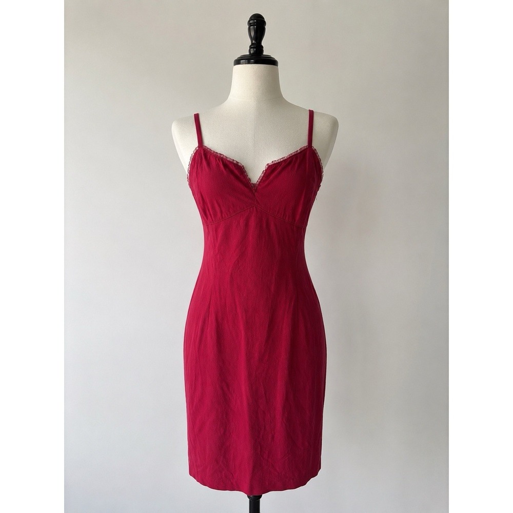 Vintage Express Y2K Red Spaghetti Strap‎ Knee Length Slip Sheath Dress Size 7/8